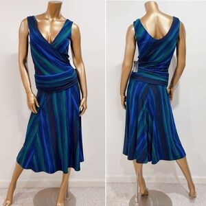 Kenneth Cole Reaction Womens Marine Blue Striped Surplice Wrap Midi Dress Size S